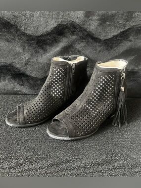 Black Suede Open Toe Heeled Booties